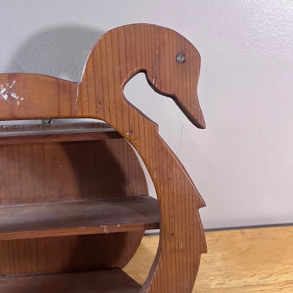 Vtg Wooden Swan Wall Shelf Brown Rustic Folk Art Double Bird 3-Tier Display